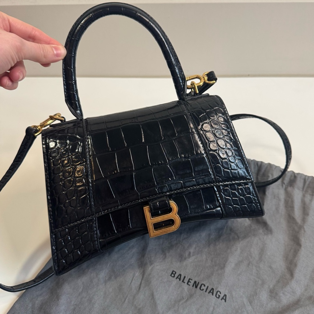 Balenciaga Hourglass Small Black Croc-Embossed Handbag - Picture 3 of 17